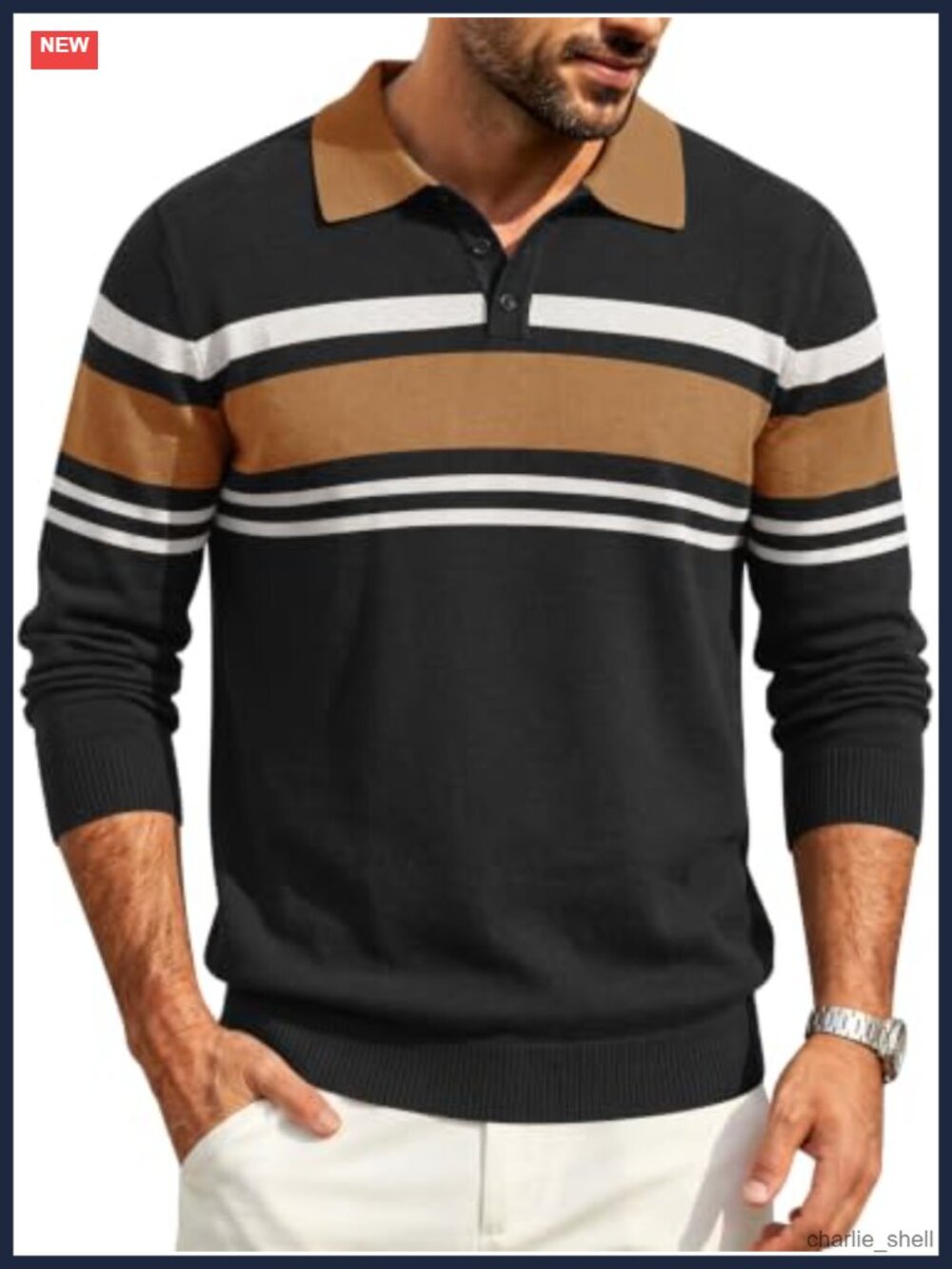 Mens Long Sleeve Knit Polo Sweater Striped Collared Pullover Casual Office